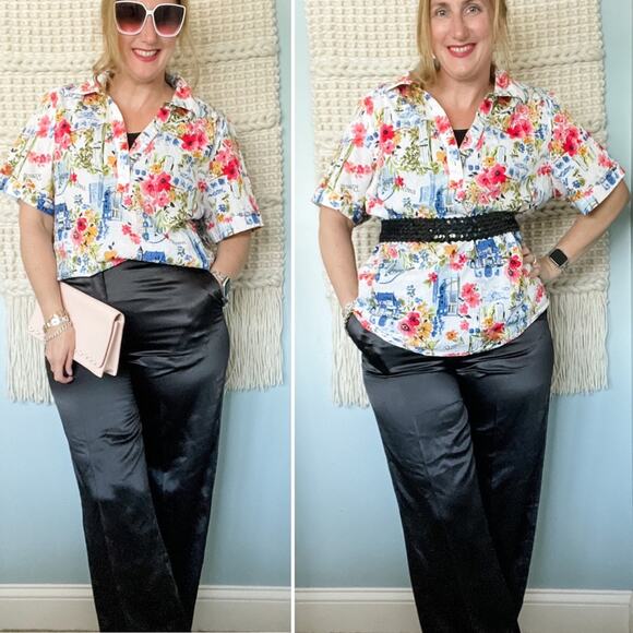 Vintage Floral Italian Roma Short Sleeve Collared Tunic Blouse Swiss Dot size XL - Picture 7 of 8